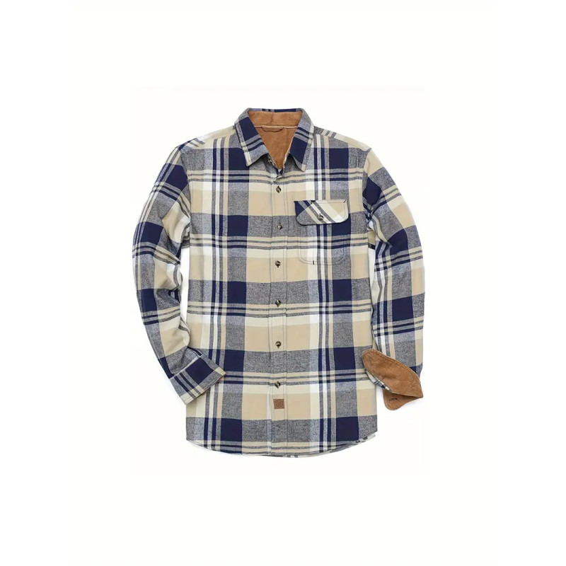 Men's Casual Plaid Flannel Shirt with Corduroy Cuffs 